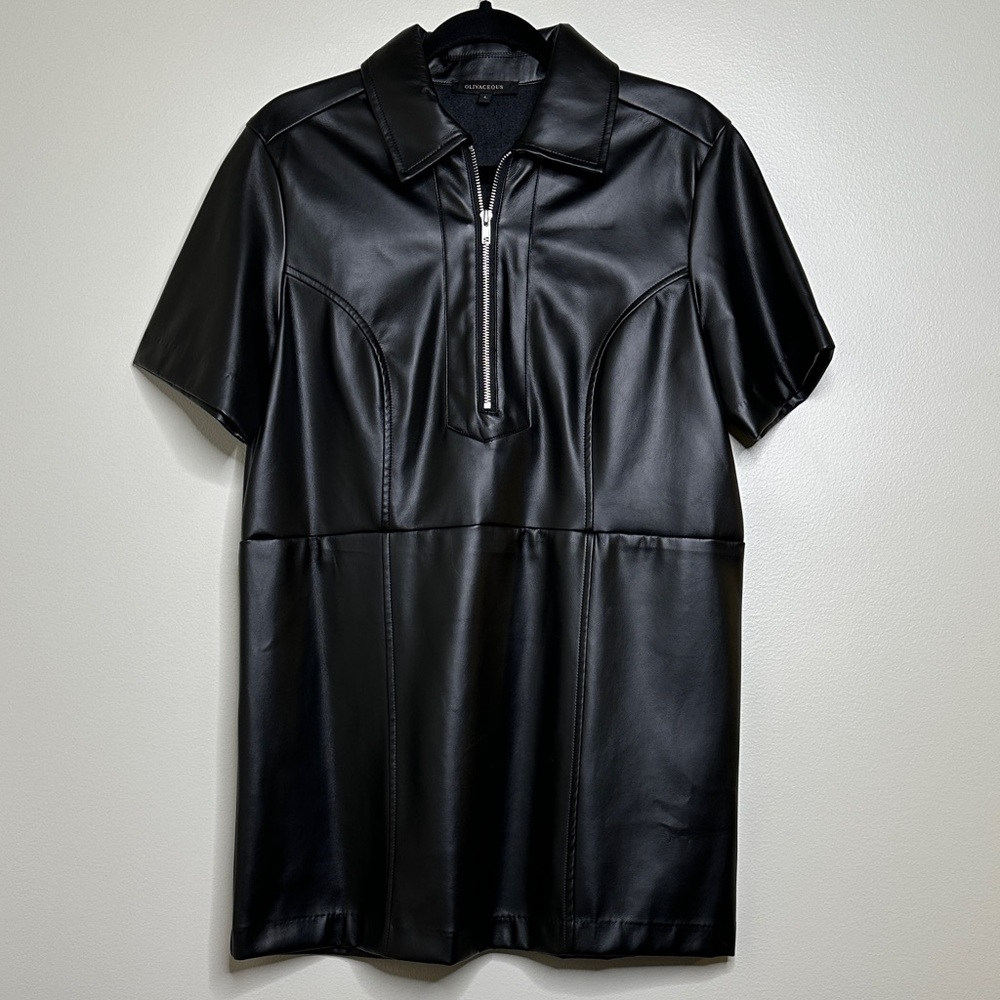 Olivaceous Black Faux Leather Half Zip Short Sleeve Mini  Dress Large